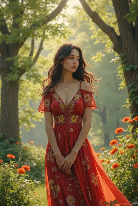  Brunette woman, long floral red dress, in the park.