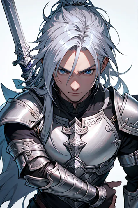 Final Fantasy Holy Knight、8k,  male,  handsome、Long silver hair、Forehead、 Facing Front、 upper body、Rin々A funny expression、 Silver Armor、Holding the Holy Sword Excalibur、 no background、 white background