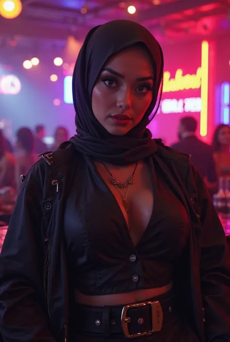 A bit chubby girl wearing short hijab and a bit sexy at a club