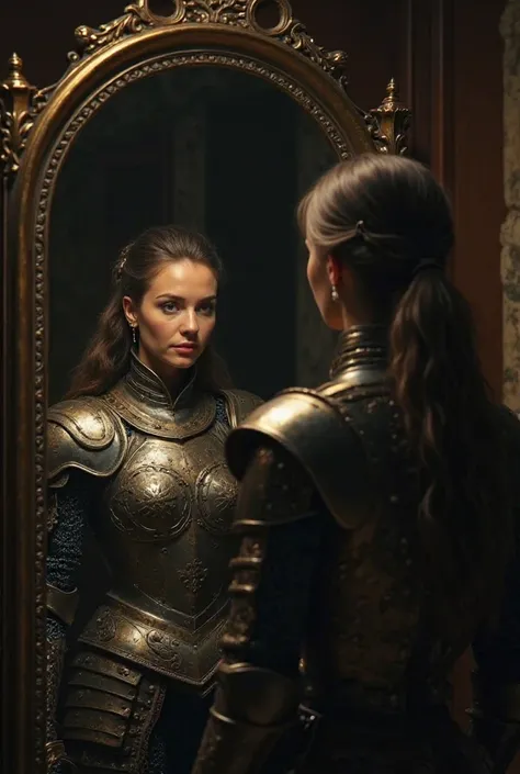 Woman looking in the mirror from head to toe the reflection is a woman in armor 