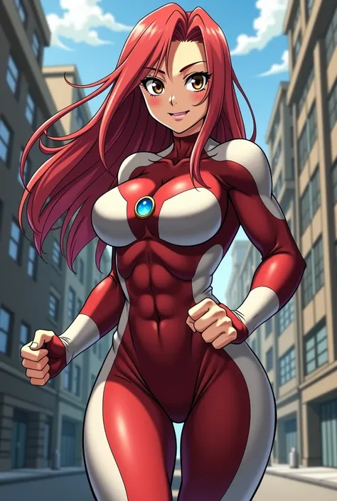  My Hero Academia Style , Anime girl, female, young female,muscular female,Full Body Shot,(fighting Pose:1.3),Long hair, Red Hair,  Brown Eyes,Hero Suit, Full Body Suit, red suit with white details,small round blue jewel in the center of the chest, perfect...