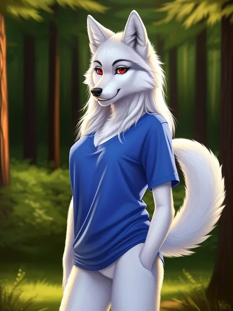 Posing, Female, 30 years old, cute, eyeliner, long hair, biting lip smile, blue shirt, bedroom eyes, anthro, wolf ears, (white fur:1.5), baggy shirt, wolf, forest background, 8k, hi res, (best quality, masterpiece), red eyes, (wolf tail:1.5)