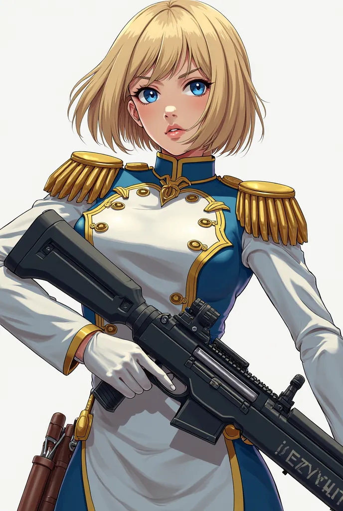 A attractive young woman with blonde neck length bob cut with The End having a flare cut and blue eyes, fairly broad-shouldered torso, yet maintained a very voluptuous and buxom figure,HourGlass Waist,White Uniform that has Blue Accent and gold Outlining w...