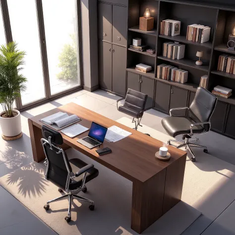 A sleek, modern professional office space bathed in the warm glow of natural daylight filtering through the floor-to-ceiling windows. The focal point is a single, minimalist desk crafted from a rich, dark wood, standing out against the monochromatic backdr...