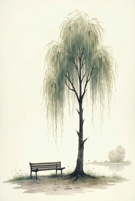 A scenery with a weeping willow tree and an empty bench beside it in sumi-e watercolor painting style 