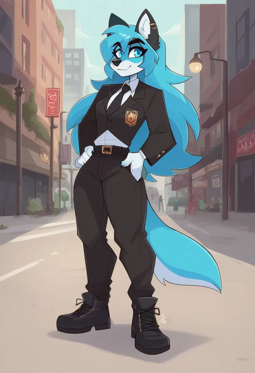 1girl, solo, female, female focus, furry full body,(((Kilinah style))), random Character,black pants,black belt,black shoes,black suit,black tie,big wolf ears,wolf nose,black long hair,light blue eyes,wolf tail,big city, background traffic