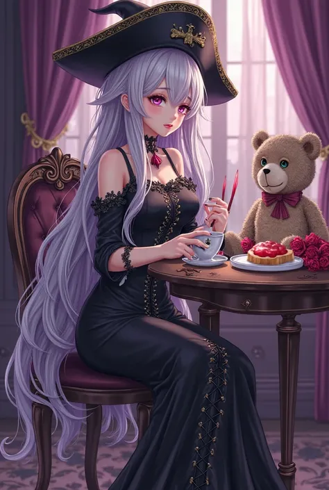 Vampire witch anime girl with pirate hat.  long black dress . Black lace-up high-heeled boots. very long white and purple hair. pink lips. black and long fingernails. Faint face , Sad look and taciturn face. Black roses, calaveras, Purple curtain.  Giant C...