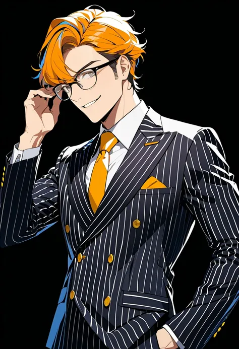 (masterpiece, best quality),source_anime,vibrant colors,A stylish, handsome man wearing a double-breasted striped suit and glasses, drawn in white line art on a black background. He has a confident, nihilistic smile and is adjusting his glasses with one ha...