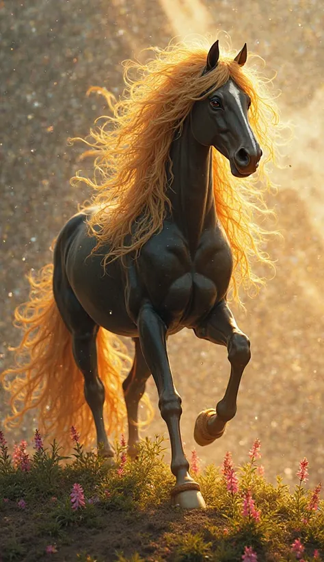 A royal, divine, black celestial horse with thick golden hair, places its hoof on a barren patch of land and the earth blooms under its feet, fantasy