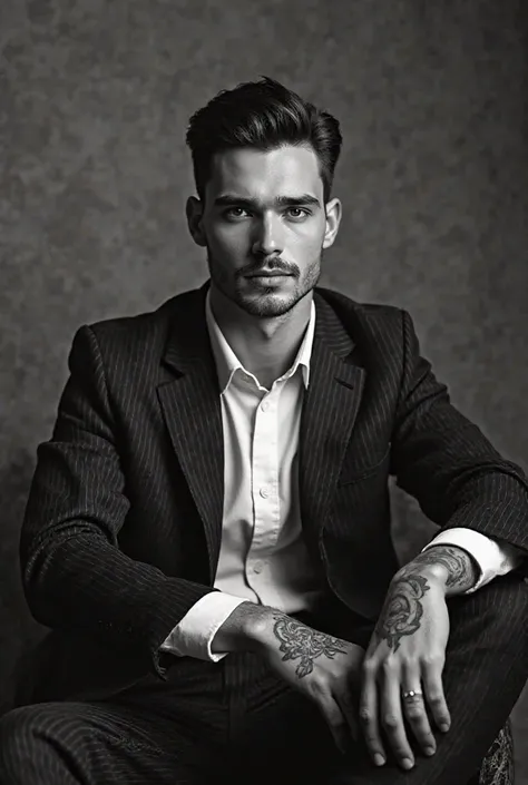 A high-contrast black-and-white studio portrait of a handsome young man sitting in a relaxed pose. He has short, styled dark hair, subtle facial hair (a neat mustache and light stubble), and is wearing a tailored pinstripe suit with a crisp white shirt. Hi...