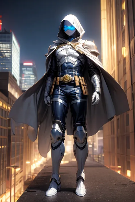 ((best quality)), ((masterpiece)), (detailed), 1 boy, in a trench coat standing on a building, full body, 19 years old, masked, white mask covering his entire head and hair, 3d glasses, blue eyes, face mask, no hair, tall and slender, long beige trench coa...