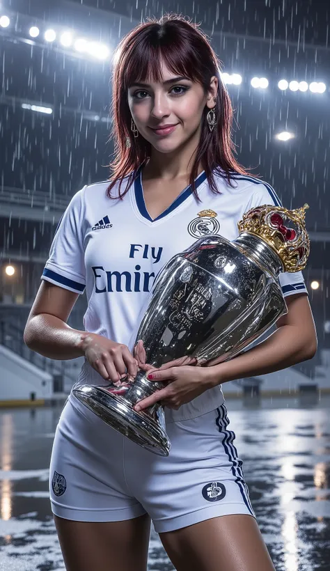 Portrait of a stunning model standing confidently in the center of the majestic Santiago Bernabéu Stadium in Madrid during an intense night rain, illuminated by powerful floodlights creating bright reflections on the wet ground and highlighting raindrops o...