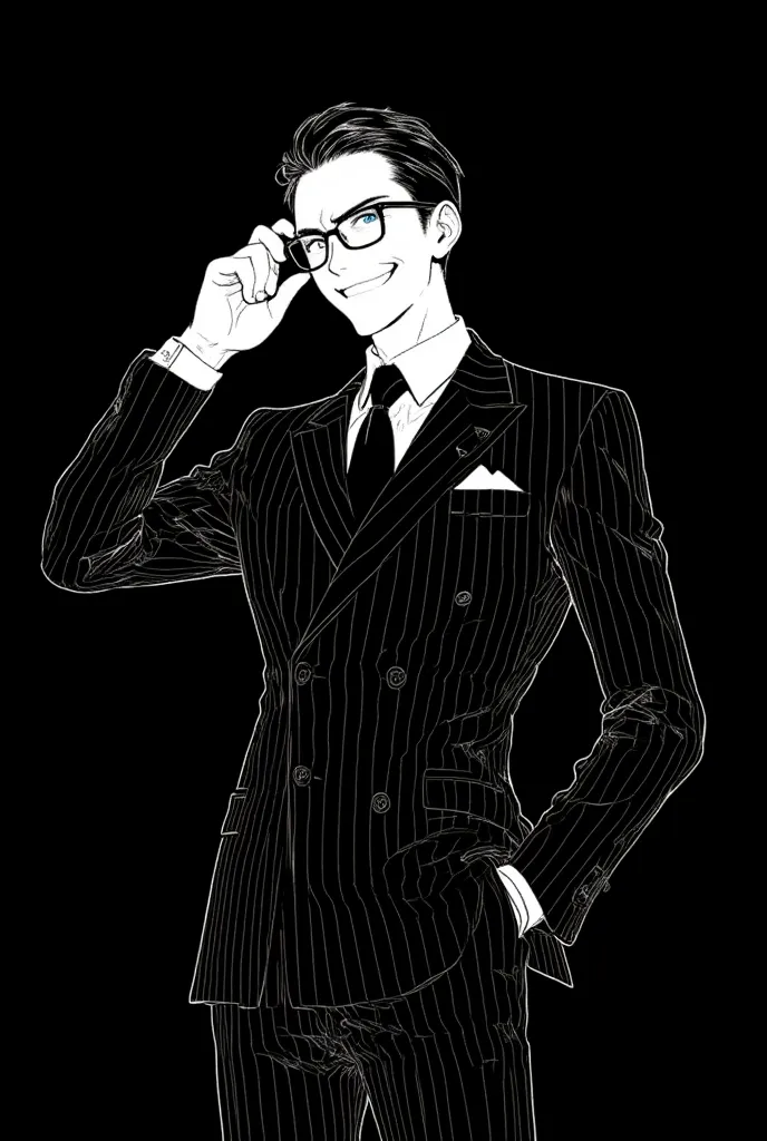 (masterpiece, best quality),source_anime,vibrant colors,A stylish, handsome man wearing a double-breasted striped suit and glasses, drawn in white line art on a black background. He has a confident, nihilistic smile and is adjusting his glasses with one ha...