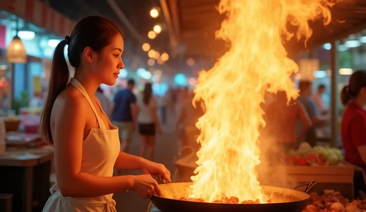 A young Asian woman with long brown hair tied in a ponytail is cooking at a bustling night market. She wears a white apron without a shirt underneath, revealing her side profile. She has a focused expression while stirring food in a large wok. A huge burst...