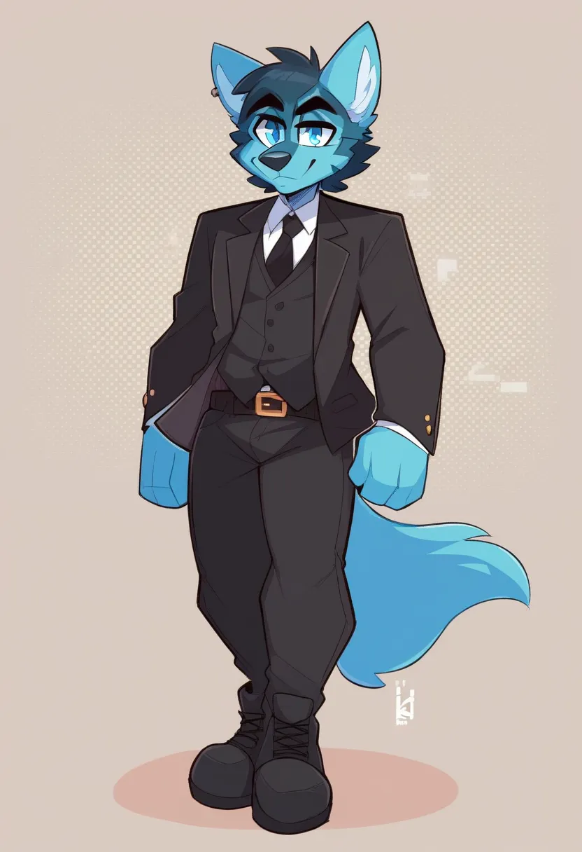 1boy, solo, male,male focus, furry full body,(((Kilinah style))), random Character,black pants,black belt,black shoes,black suit,black tie,big wolf ears,wolf nose,black short hair,male hair,light blue eyes,wolf tail,big city, background