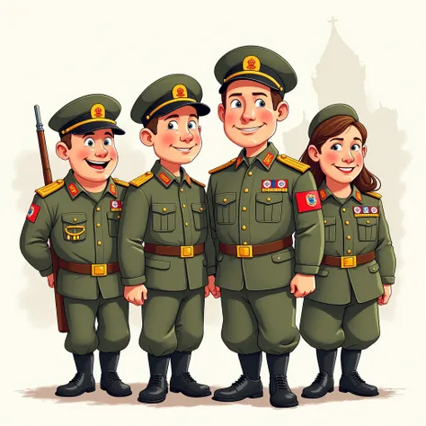 Create cartoon animated pictures of soldiers for a wall newspaper, soldiers must be of different appearance,  of different physiques, soldiers of the Russian army, for sketching 