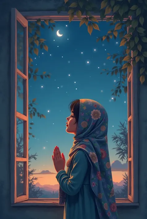 A girl wearing a cartoon hijab prays at night with her eyes closed and looking out of the window of her clothes