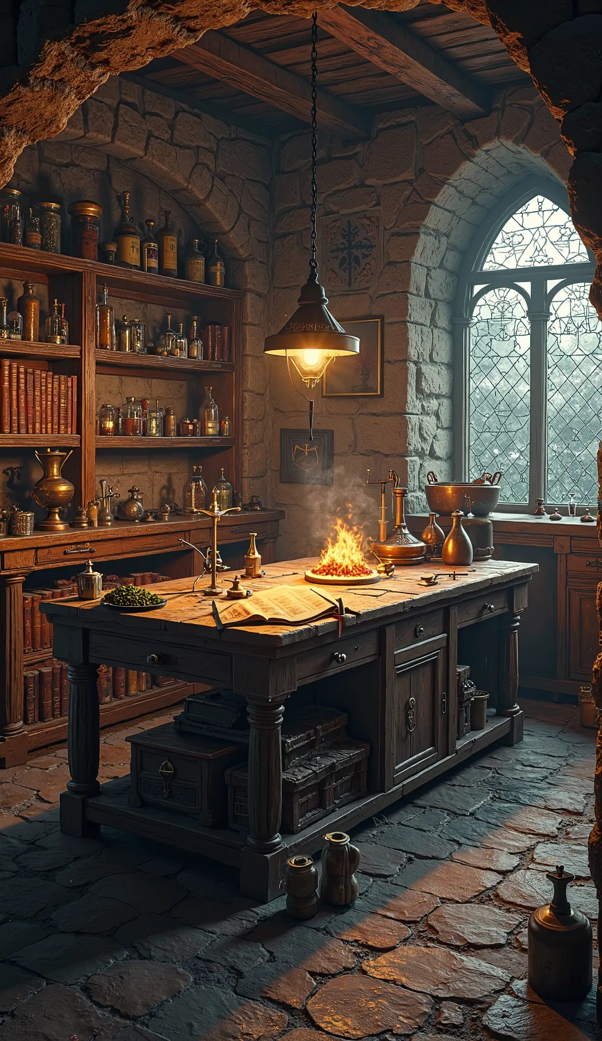 Deep within a dimly lit stone chamber, the medieval alchemy lab exudes an air of mystery and ancient wisdom. The walls, rough-hewn from dark granite, are lined with wooden shelves filled with dusty tomes and jars of peculiar ingredients—dried herbs, powder...