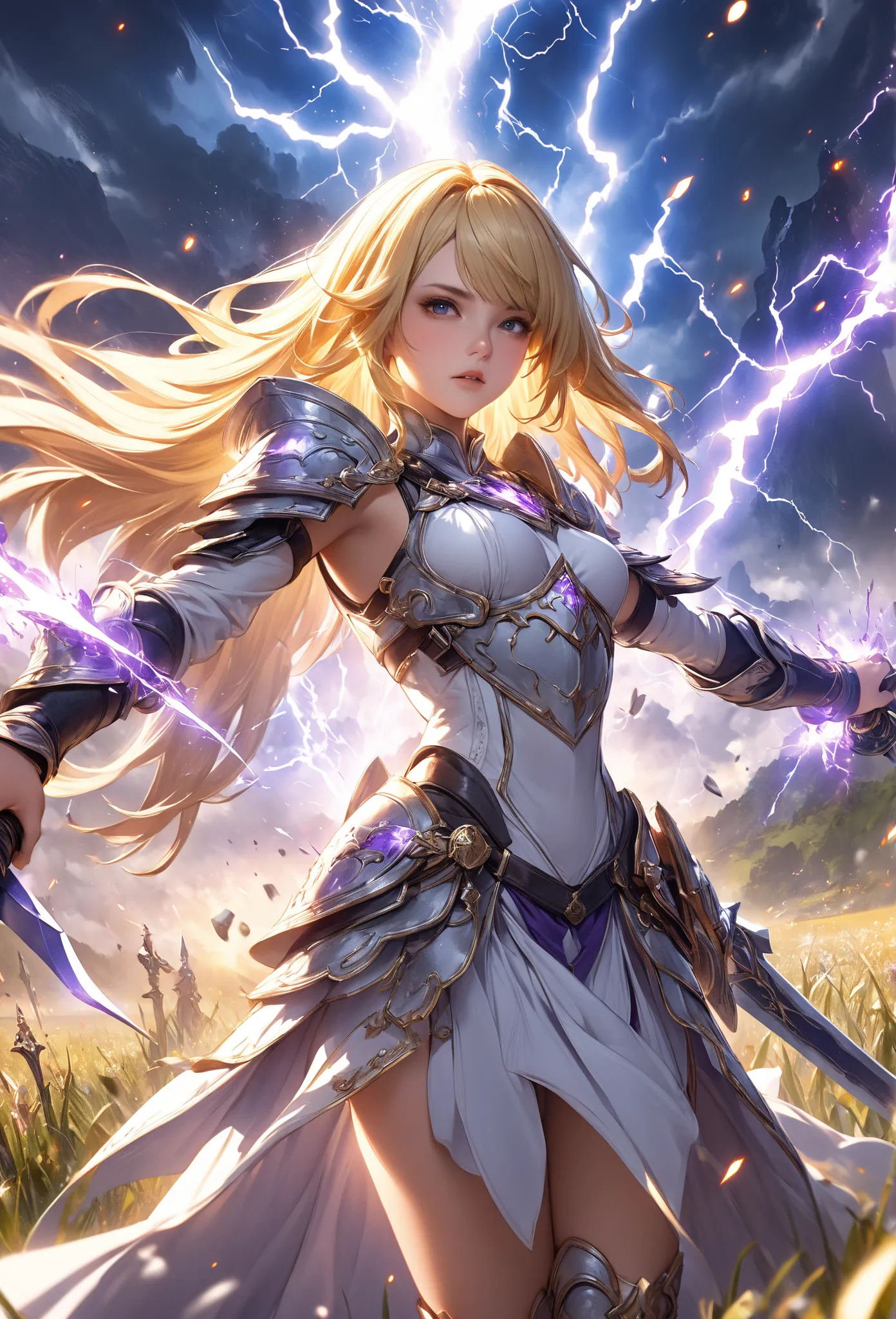 close-up of a girl ,she has 2 swords generating lightning sparks in a field, 2. 5D cgi  Anime Fantasy Artwork ,  epic fantasy digital art style, Epic fantasy art style HD, 4k fantasy art, High quality fantasy art,  Epic Fantasy Card Game Art ,   Spectacula...