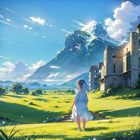  A girl standing on the grass 、 girl in a white dress、The sky is high and blue、Clear sky、I could see the mountains in the distance、 far from here 、