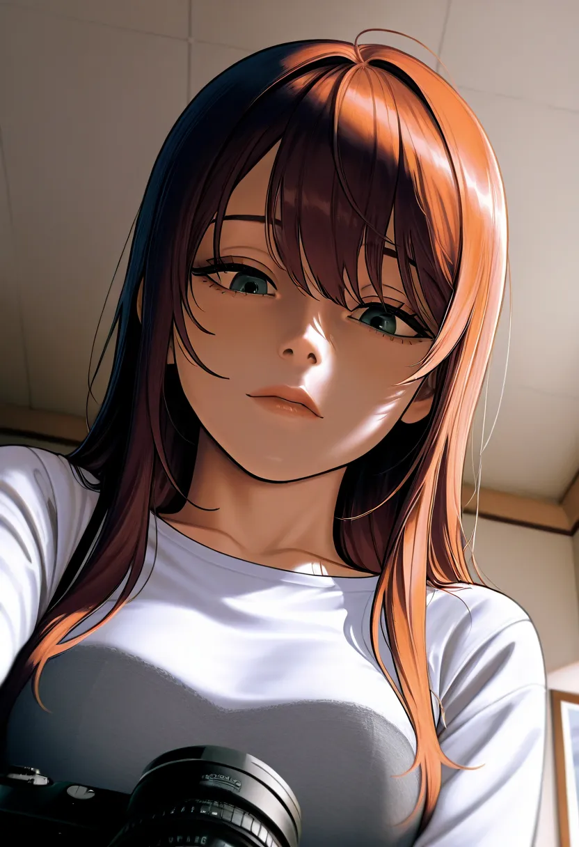 masterpiece, newest, absurd res, high res , amazing quality, all intricate, focus on entire screen, perfect anatomy, realistic, photo, looking down, She looks at the camera and laughs like a bad girl, pov, fisheye lens
