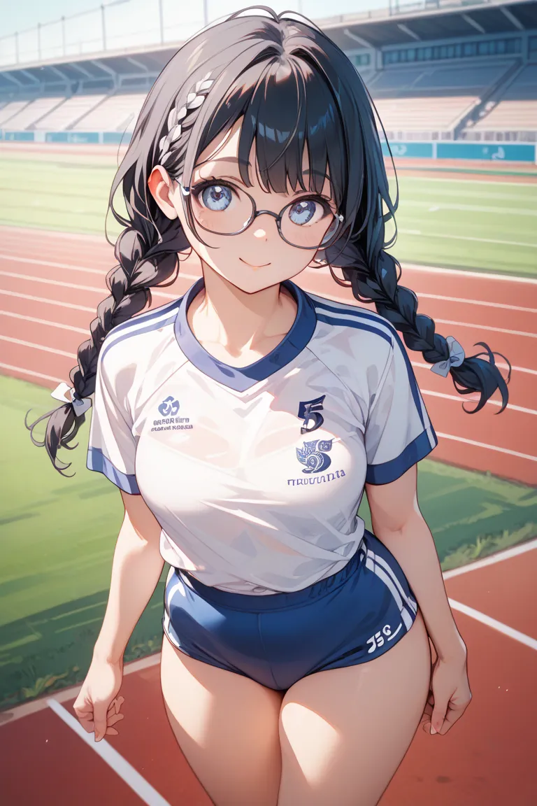 throw、Woman standing at the starting line of a track and field track、Posture before starting to run、 track and field athlete uniform、 black hair、 braids、Glasses、 plump、Petite、cute