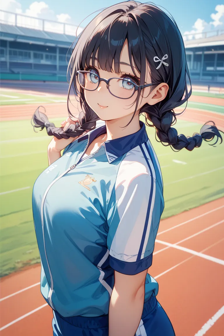 throw、Woman standing at the starting line of a track and field track、Posture before starting to run、 track and field athlete uniform、 black hair、 braids、Glasses、 plump、Petite、cute