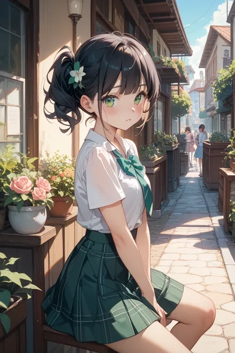  girls on the left、 black hair、emerald green eyes、 skirt、Young、 crouch、blush