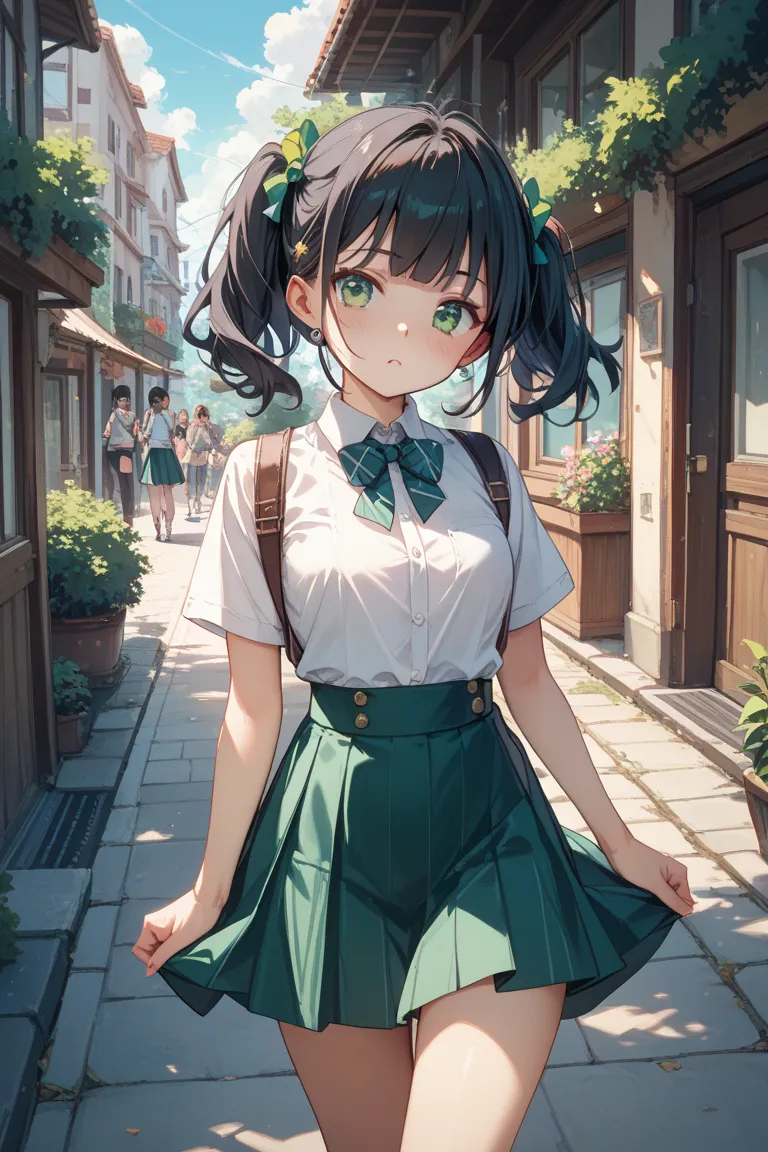  girls on the left、 black hair、emerald green eyes、 skirt、Young、 crouch、blush