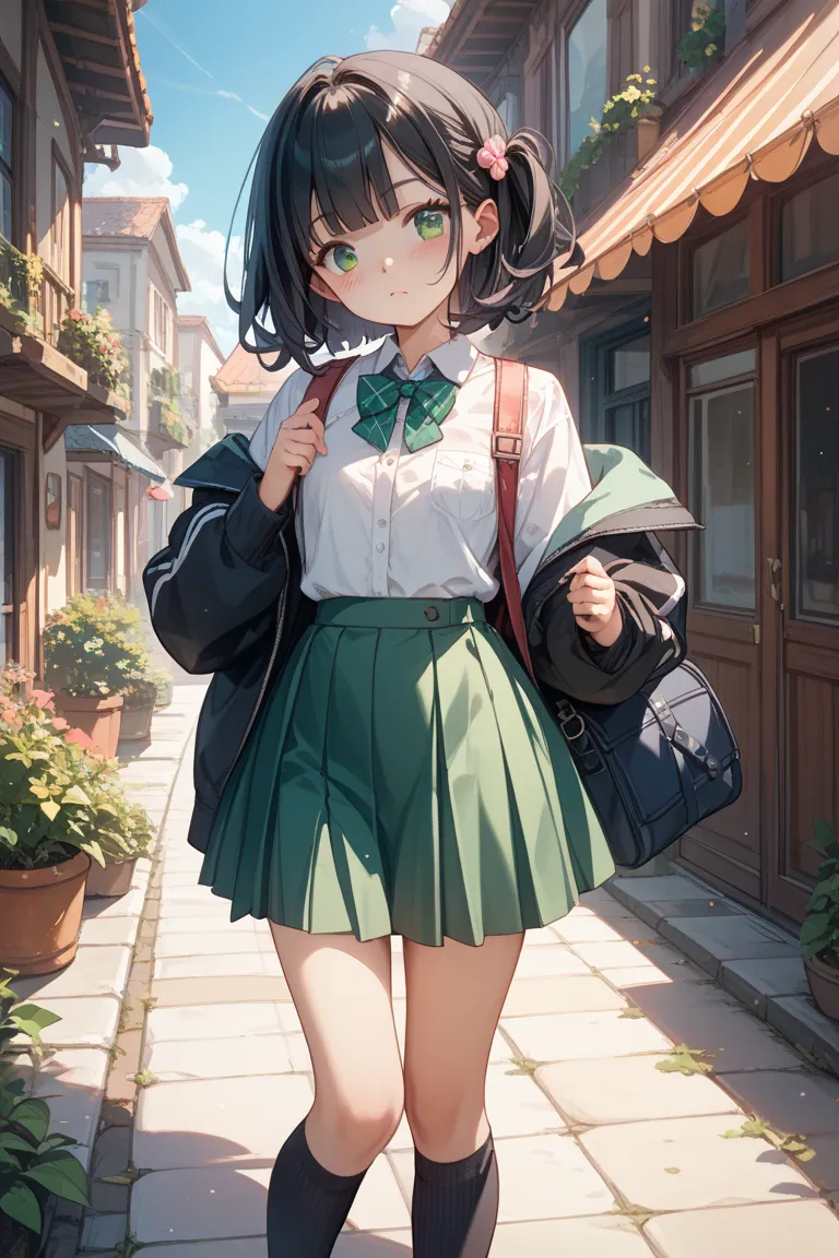  girls on the left、 black hair、emerald green eyes、 skirt、Young、 crouch、blush