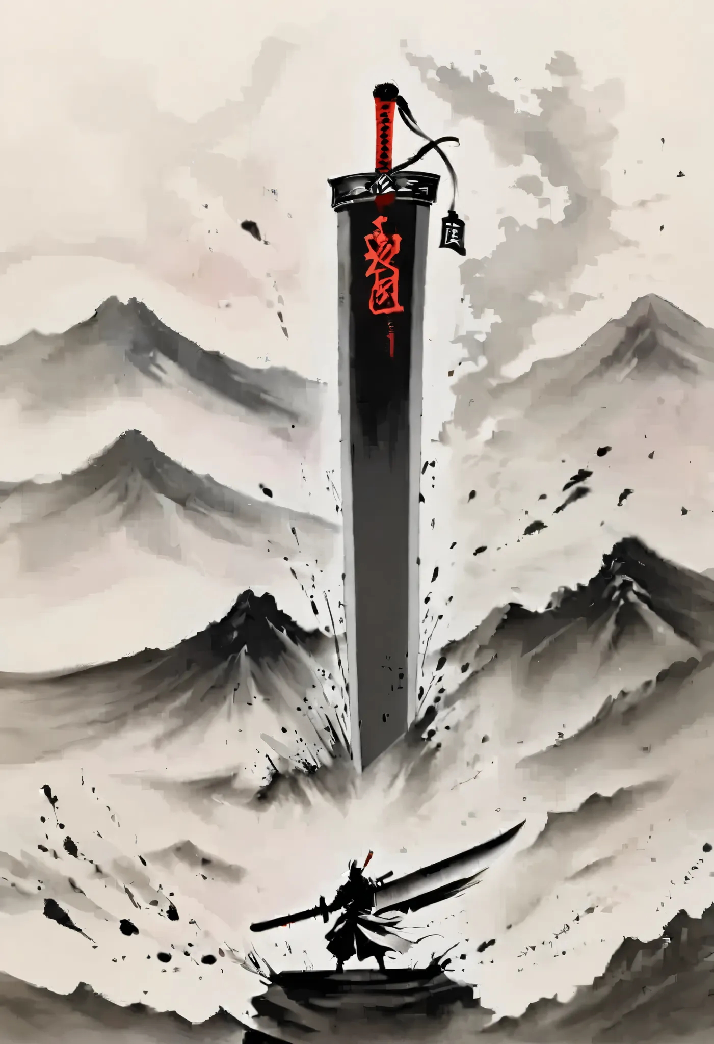 Black & White, ink painting, Lone Samurai, in the Chinese mountains, Color Vector Design, (Giant Sword: 1.3), Silhouette, Mist, Negative Space, Dark and Shaded, Shodo Style, Oriental Penmanship, Manga Art, Shanha, Disintegration, Sketches, Mist Composition...