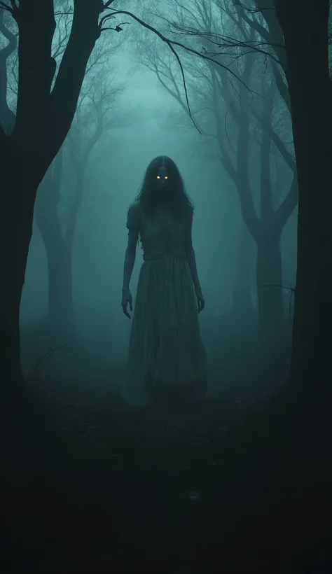 A dark, foggy forest at night, filled with thick mist that obscures the trees. In the center, a shadowy female figure stands still, barely visible through the fog. Her long, tattered white dress sways slightly in the wind. Her face is obscured by darkness,...