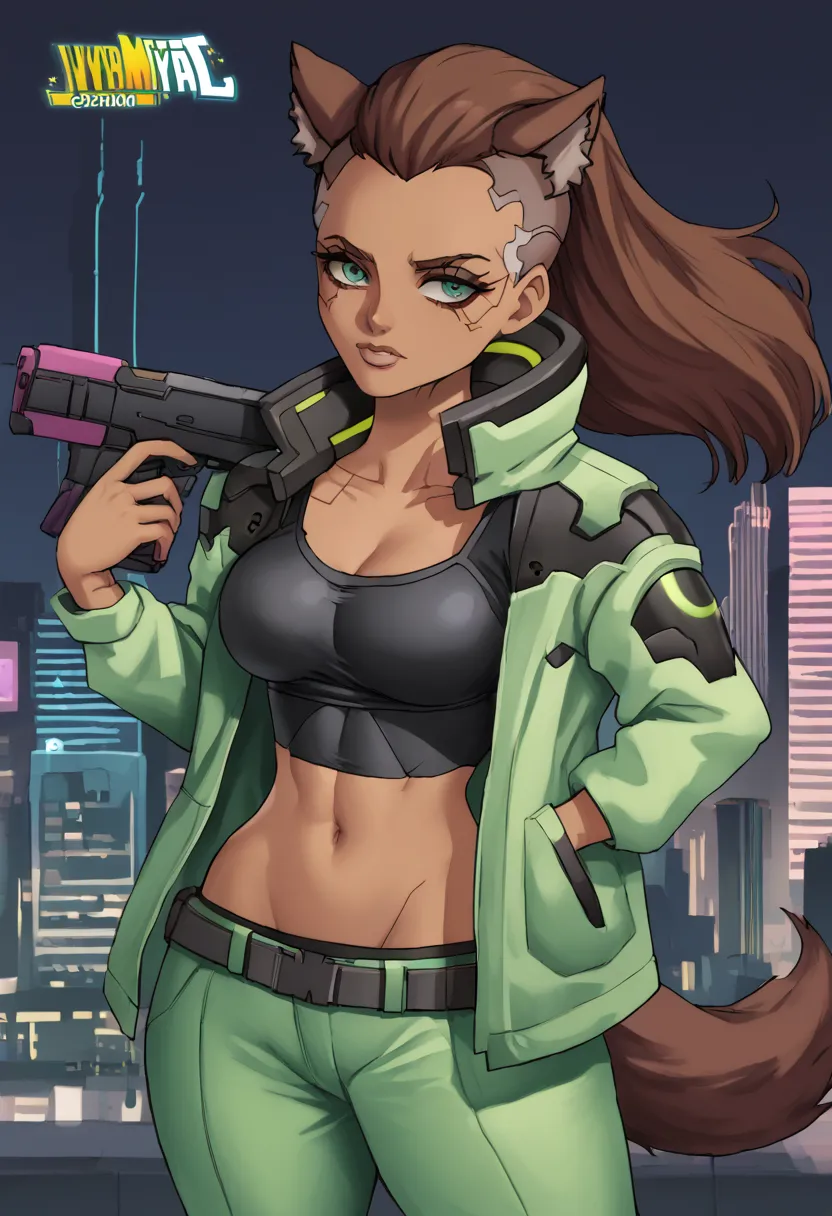 cyberpunk style wolf woman, brown wolf ears, brown wolf tail, brown skin, wearing green pants, black shirt, green coat, cyberpunk style city in the background