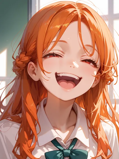 score_9, score_8_up, score_7_up,source_anime, (best quality), best resolution, School, school class, 1girl, (laughing), orange hair, long hair, (messy hair:0.6), red eyes, detailed, 4k, beautiful upscale, shiny, amidmarano