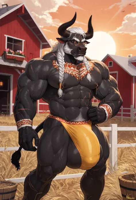 Furry, anthromorphic bara Bull, whole body picture, huge red eyes, minotaur, black body, black fur, huge white mane, scars all over body, massive upper body, huge, thick muscles, massive shoulders, massive biceps, huge round pecs, huge thights, huge ass, o...