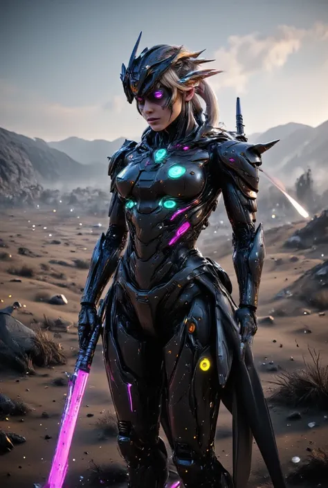 Medieval battlefield, A battlefield in the grassless wasteland, smoky battlefield, Beautiful half-Caucasian cyborg girl, cute cyborg girl , Beautiful Cyborg Girl, Perfect Robot Girl, cyborg girl , young cyborg woman , beautiful Female Robot , beautiful rob...