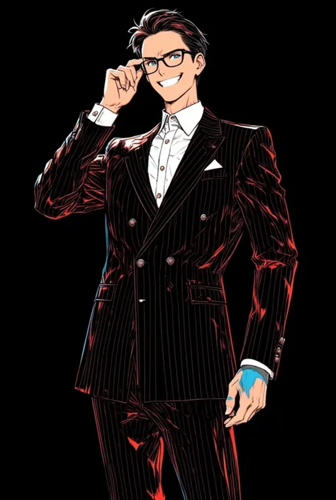 (masterpiece, best quality),source_anime,vibrant colors,gang.A stylish, handsome man wearing a double-breasted striped suit and glasses, drawn in white line art on a black background. He has a confident, bad smile and is adjusting his glasses with one hand...