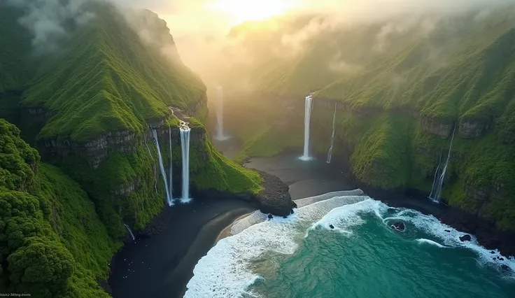 A mystical aerial view of a hidden Hawaiian valley with misty waterfalls cascading into lush greenery. The ocean glows turquoise, with waves gently lapping at a secluded black sand beach. Golden light filters through the morning mist, creating an ethereal ...