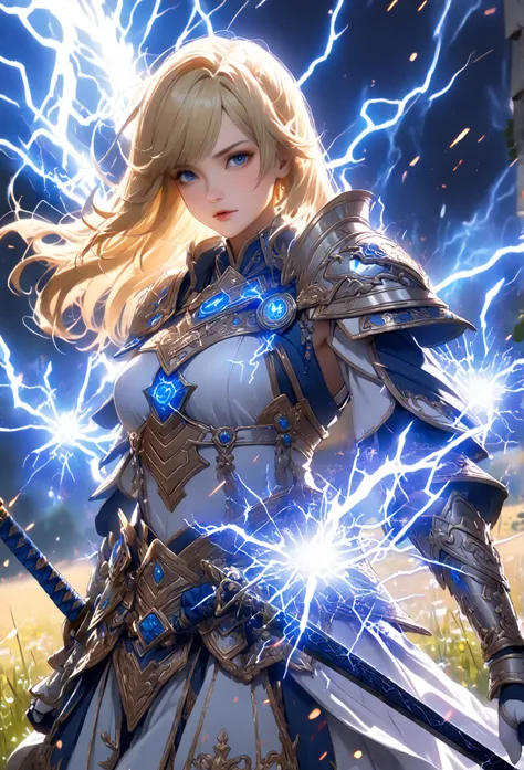 close-up of a girl ,(she has 2 swords generating blue lightning sparks:1.6)) in a field, 2. 5D cgi  Anime Fantasy Artwork ,  epic fantasy digital art style, Epic fantasy art style HD, 4k fantasy art, High quality fantasy art,  Epic Fantasy Card Game Art , ...