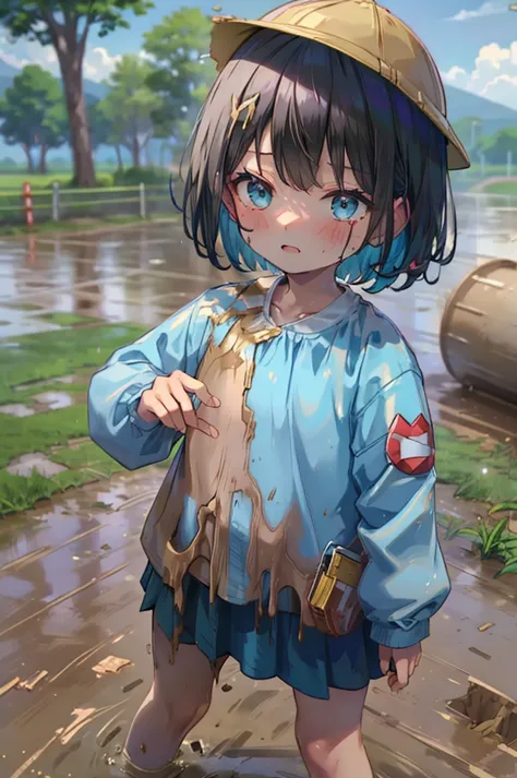 ５age, kindergarten mom clothes, blue smock,   dark blue skirt , cute,  Gold,  muddy, Sandbox, dirty,  dirty, Playing in the mud,  Energetic , fun, 最高の笑顔 muddyの服, muddy smock, muddy smock, Mud adhering , best smudge, Fell, 