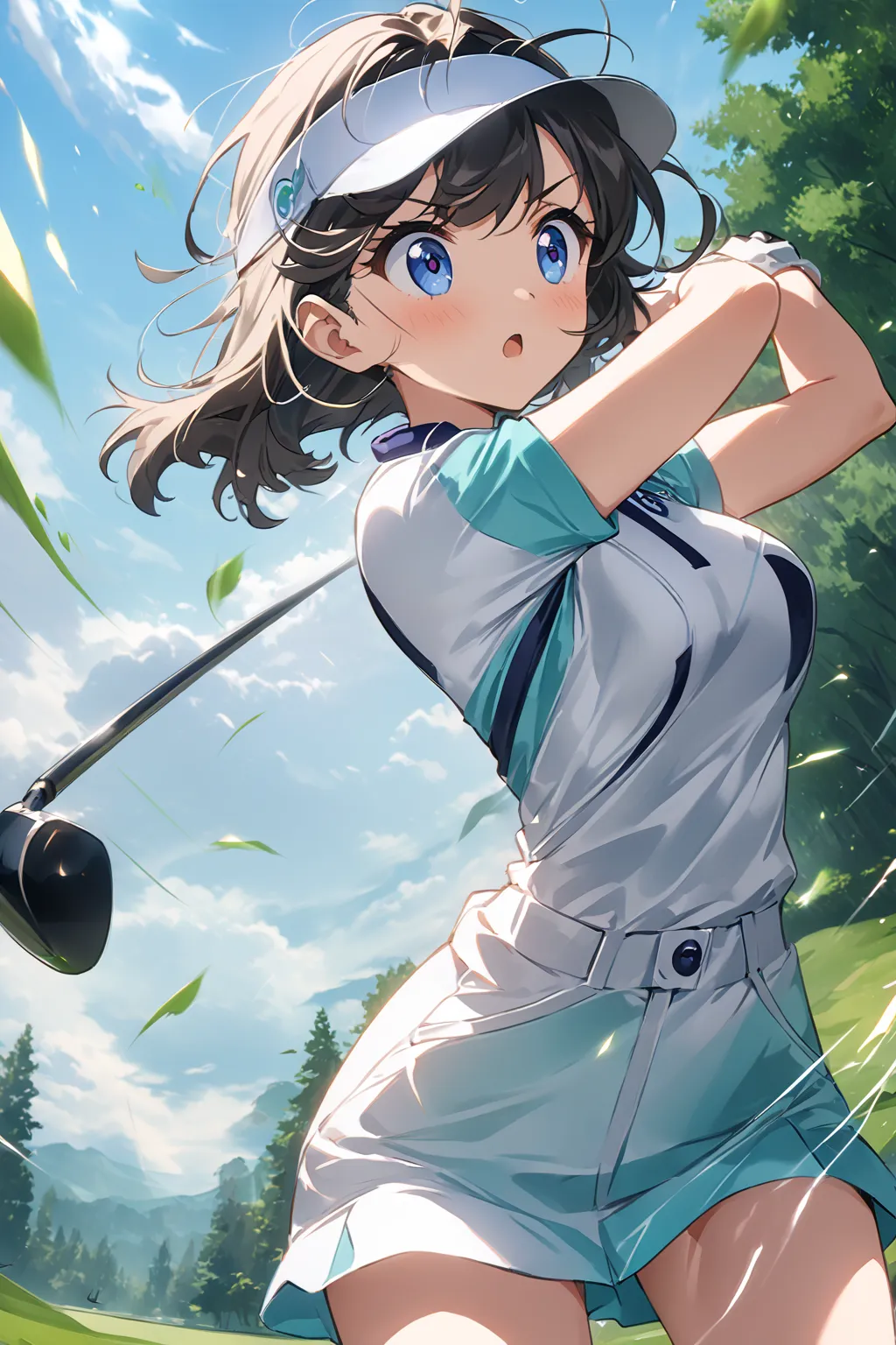 High resolution, best quality, anime style. Bright golf course setting. A cute anime girl in an adorable golf outfit swings her driver with force to deliver a dynamic golf shot. The scene captures the intensity of the shot with a sense of movement and exci...