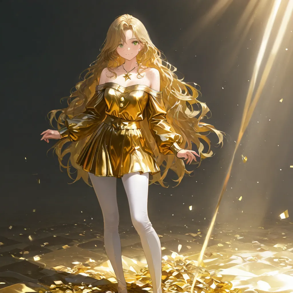  ultra detailed, 8k, ultra realistic, masterpiece, cinematic lighting, 1girl 18y, standing, wavy golden hair, extremely long hair, hair touching the floor, extravagant, non-glued clothes, party comfortable clothes, golden cropped up to the belly button, go...