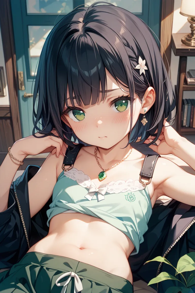  girls on the left、 black hair、emerald green eyes、Young、 crouch、blush、 crouch under your stomach、Chest