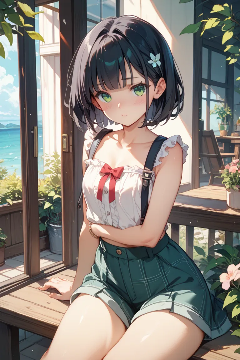  girls on the left、 black hair、emerald green eyes、Young、 crouch、blush、 crouch under your stomach、Chest