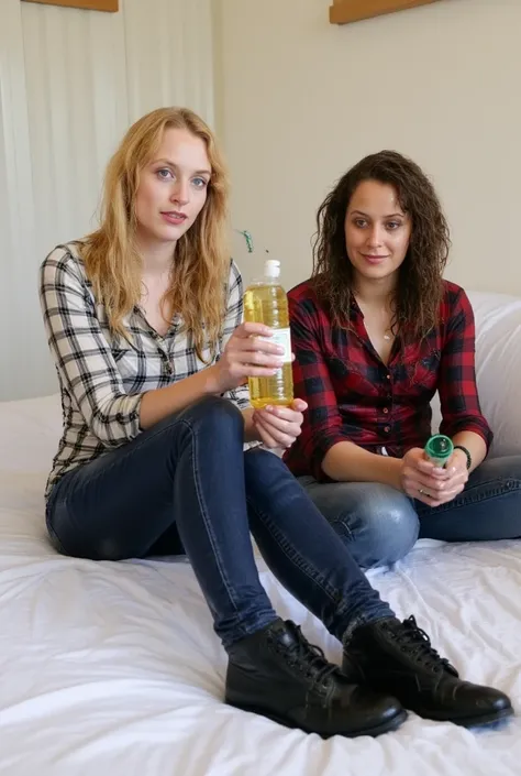 two tall women sitting on a bed,one blonde one brunette, blue eyes, curly hair, skinny jeans,  plaid shirt, combat boots, wam, oil, holding oil bottle, covered in oil, hair covered in oil, pouring oil