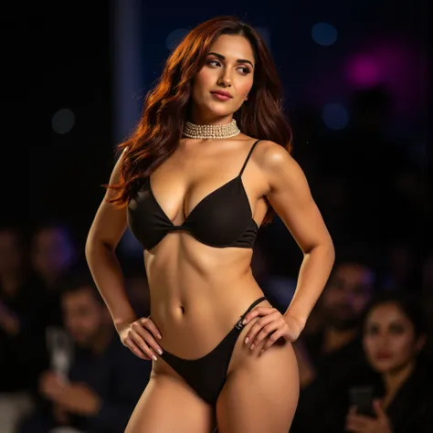 NSFW, Full hd Potrait of a tall busty MILF woman ruhanis is standing sexy in a fashion show stage(well bright light), hand on her hips(sexy thighs and belly side curves folds), people are around her. She is horny and giving seducing looks. Looking into the...