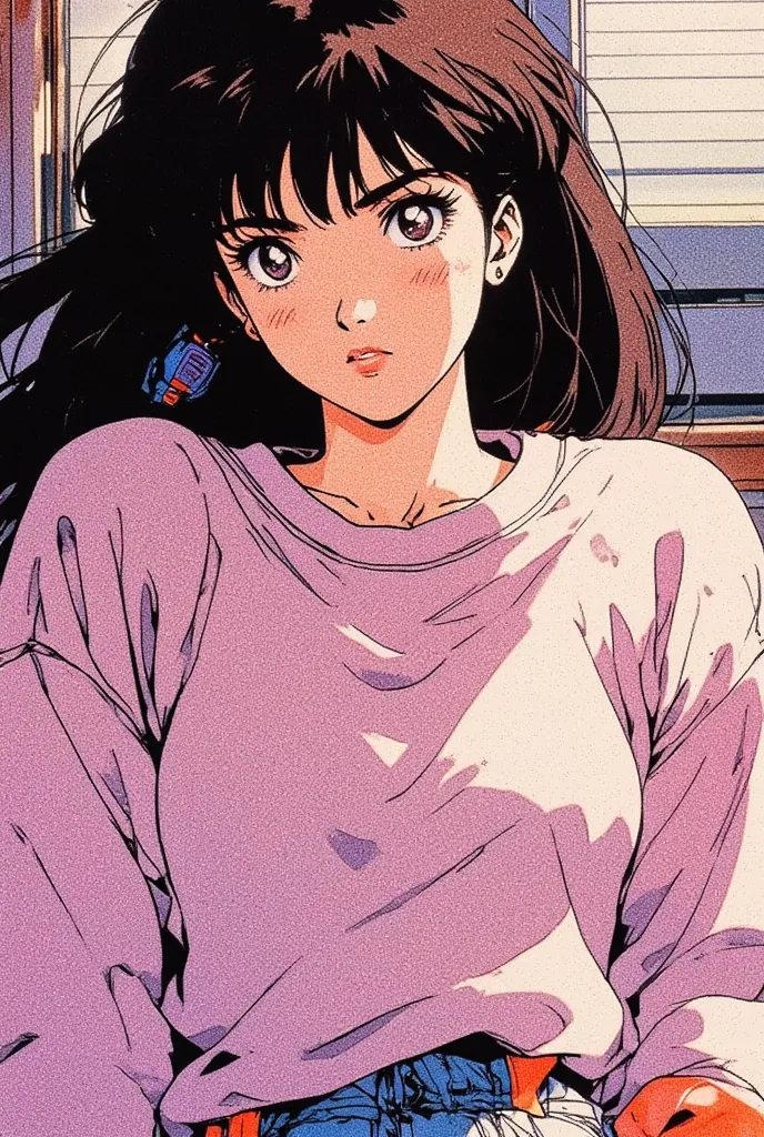 (80's, Retro City Pop Poster:1.5), (masterpiece, Best Quality), (anime, figure), (Pastel colors:1.4), 
Best photo poses, Dynamic Angle, 21 year old girl,
Flaxen Hair, long black hair, brown eyes, Alone, A perfect eye for detail, Delicate face, With a baggy...