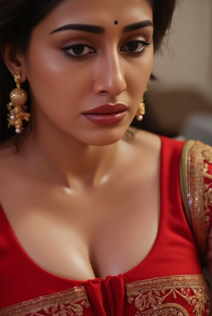 A woman with long dark hair wearing a colorful saree, leaning forward with her hands on her large breasts, downblouse creating a deep cleavage, extremely detailed face, beautiful detailed eyes, beautiful detailed lips, extremely detailed skin texture, intr...