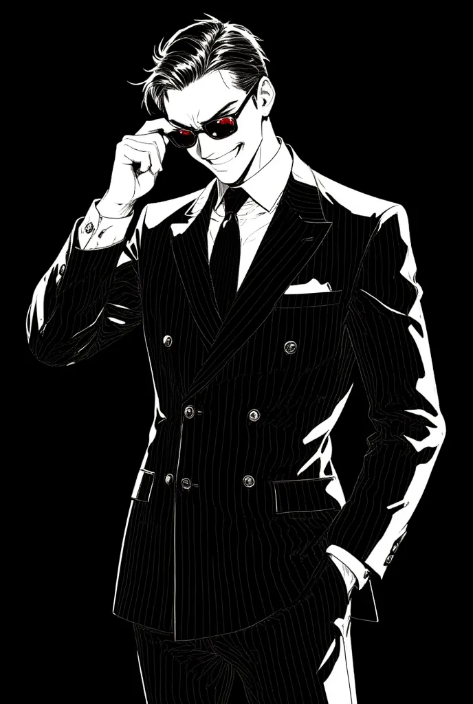 (masterpiece, best quality),source_anime,vibrant colors,mafia.A stylish, handsome man wearing a double-breasted striped suit and glasses, drawn in white line art on a black background. He has a confident, nihilistic smile and is adjusting his glasses with ...