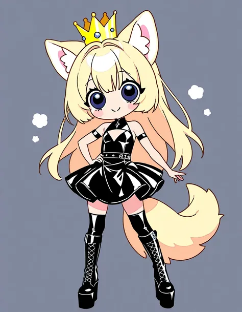   HD 、  high quality 、 petite girl、  big eyes、 droopy eyes 、smile、pure、 crown、Wolf ears、 a wolf's tail、 blonde、 Platform Boots 、 princess、  leather bondage dress 